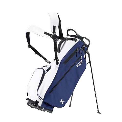 KVV Lightweight Golf Stand Bag with 7 Way Full-Length Dividers, 5 Zippered Pockets, Automatically Adjustable Dual Straps,Elegant Design - color: Blue/White