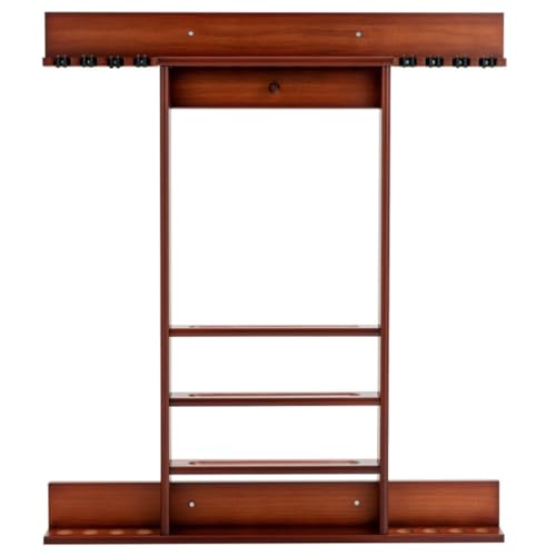 Brown Pine Wood Billiard Cue Rack Wall Mounted, Holds 8 Pool Cues & 16 Balls with 5 Storage Compartments - Pool Table Accessories Organizer for Game Room, Basement, Man Cave