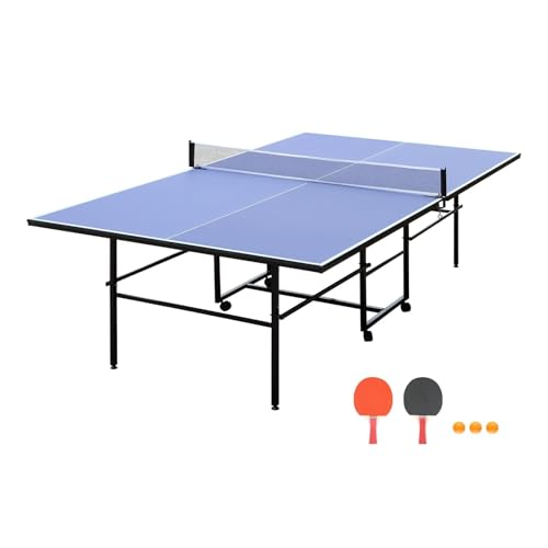 Professional Outdoor Table Tennis Table, 9Ft Full Size Folding Portable Ping Pong Tables with Net for Outdoor/Indoor, Single Player Playback Mode, 10 Minute Quick Assembly, Blue - size: 9FT