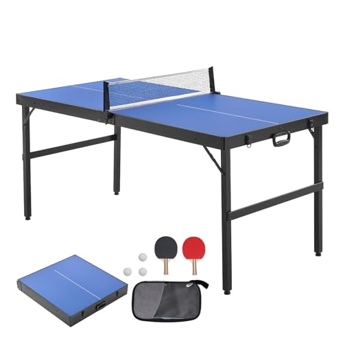 Happybuy Ping Pong Table, Mid-Size Table Tennis Game, Indoor MDF Table Tennis Table, Foldable Portable Complete Set with Net, 2 Paddles, 3 Balls, Carry Bag, Handle (No Assembly Required)