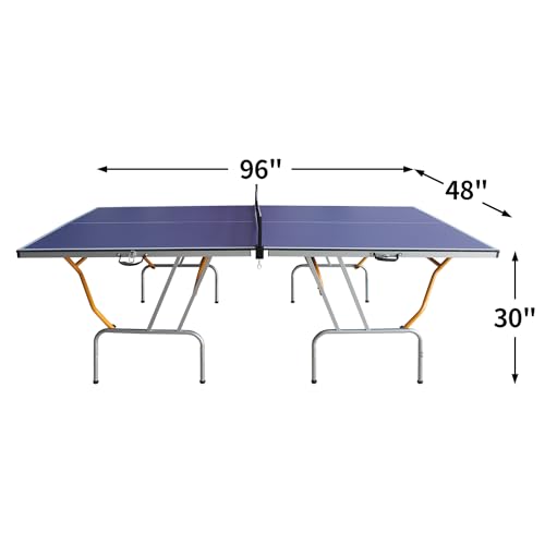 Professional Table Tennis Table, Foldable Ping Pong Game Set for Indoor, 8FT 9FT Single Player Playback Mode Ping Pong Table with Net and Post Set, 2 Paddles and 3 Balls (Blue & Yellow-8FT)