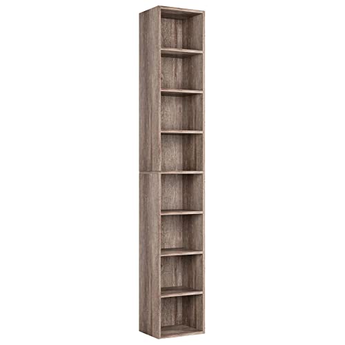 FOTOSOK 8-Tier Media Tower Rack, 11.6 X 9.3 X 70.9 Inches CD DVD Slim Storage Cabinet with Adjustable Shelves, Tall Narrow Bookcase Display Bookshelf for Home Office, Oak - color: Oak