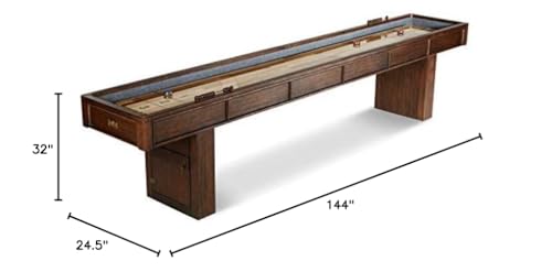 Barrington 12ft Webster Shuffleboard Table, Solid Wood, Storage Cabinets | 12ft rustic shuffleboard table with 1.75" solid wood poly-coated playfield, storage cabinets, 8 pucks & speed powder