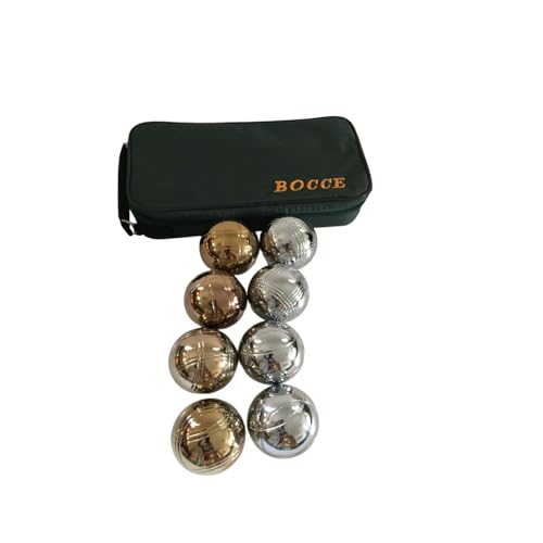 BuyBocceBalls Listing - 73mm Metal Bocce and Petanque Set with 8 Gold and Silver Balls (4 Striping Patterns) and Green Bag - Single