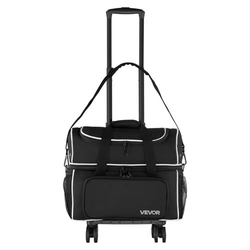 VEVOR Bowling Ball Bag, 2-Ball Bowling Bag with Wheels, Featuring a Separate Compartment for Shoes (Up to US Size 16) & Oversized Accessory Pocket, Retractable Handle Extends to 41.32 in