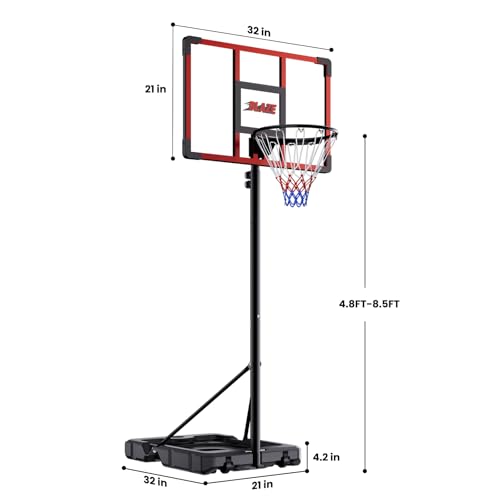 Portable Basketball Hoop for Kids & Teens, 4.1–8.5FT Adjustable Height, 32'' Shatterproof Backboard, Fillable Base with Weight Bag, Outdoor Goal for Backyard & Driveway