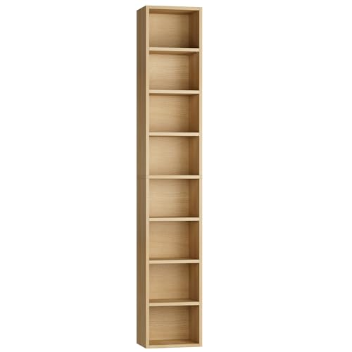 FOTOSOK 8-Tier Media Tower Rack, 11.6 X 9.3 X 71 Inches CD DVD Slim Storage Cabinet with Adjustable Shelves, Tall Narrow Bookcase Display Bookshelf for Home Office, Natural - color: Natural