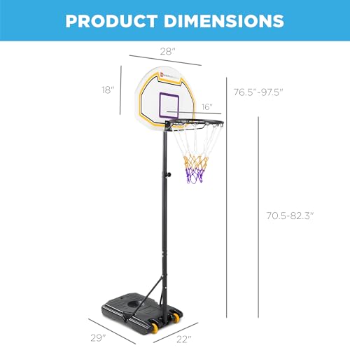 Best Choice Products Kids Height-Adjustable Basketball Hoop, Portable Backboard Set w/ 2 Wheels, Fillable Base, 70.5in to 82.3in Tall - style: Purple/Yellow