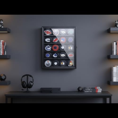 20 Hockey Puck Display Case - Puck Holder Wall Mount Cabinet Stand - Hockey Puck Shadow Box with Glass, Large Black - size: Large-Black