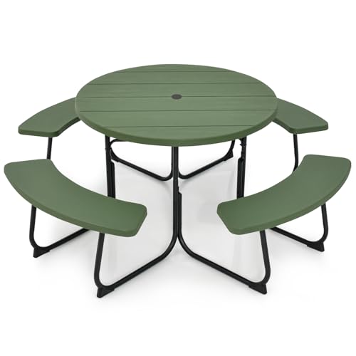Tangkula 8 Person Picnic Table, Outdoor Round Picnic Table with 4 Built-in Benches, Umbrella Hole, Metal Frame & HDPE Tabletop, Outside Table and Bench Set for Backyard, 2300lbs Weight Capacity - color: Green