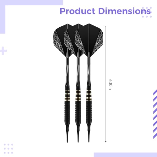Professional Soft Tip Darts Set, Black Darts with Edge Grip, 6.1 in, Includes Case & Shafts