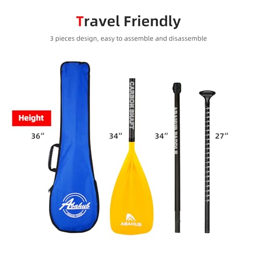 Abahub 1 x 3 Section Carbon Fiber SUP Paddle, Adjustable 67''-86'' Stand Up Paddle Lightweight Carbon Shaft, Black/Blue/Yellow/Green/Orange/Red Plastic Blade + Paddle Bag - color: Yellow-SUP Paddle