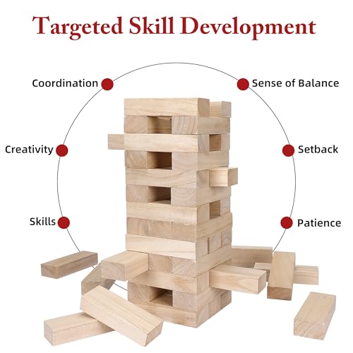 Offelec Giant Tumbling Tower Game with Carry Bag - 54 Jumbo Wooden Stacking Blocks for Indoor Outdoor Yard Games, Large Tower Stacking Grows to Over 4 FT Tall - Family Party Toy for Kids & Adults - style: Over 4 Ft