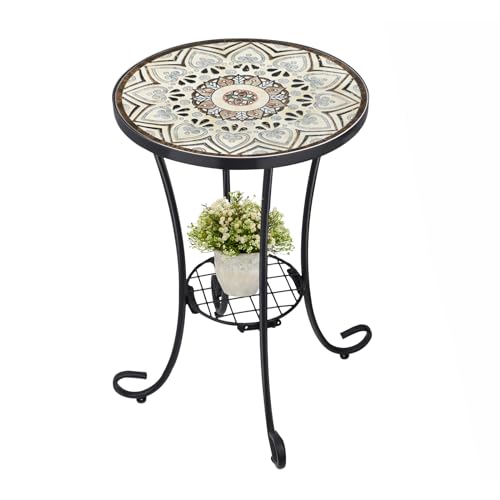 VCUTEKA Outdoor Side Table Mosaic Patio Table Accent Tables Mosaic Tile Top Metal Frame Small End Tables Porch Beach Patio Garden Balcony Brown 14'' - color: Brown