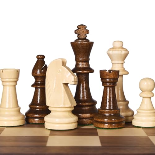 Vamslove Wooden Heavy Weighted Chess Pieces Only-3.8'' King-Extra 2 Queens-34 Wood Tournament Chessmen for Chess Set,Velvet Storage Bags Included