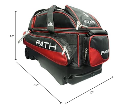 Pyramid Path Triple Premium Deluxe Roller Bowling Bag With Extra Large Separate Shoe Compartment (Up To US Mens Size 16) and 5 Accessory Pockets, 5" Wheels, Retractable Locking Handle - Extends to 42" - color: Black/Red