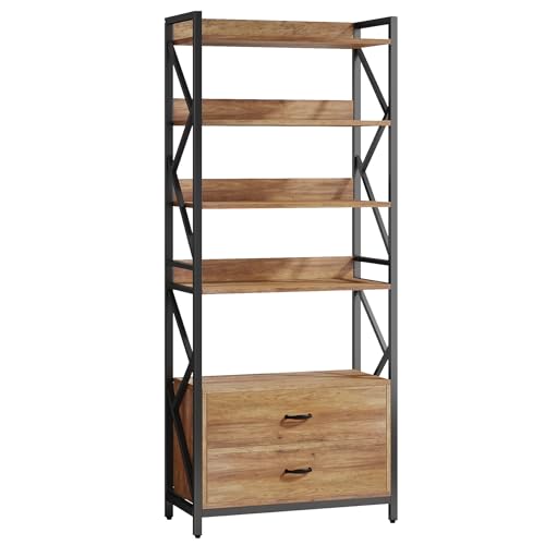 Tribesigns Bookshelf with Drawers, 70.8" Industrial Bookcase with 2 Drawers, 5 Shelf Open Shelf for Storage, Wood Book Shelf for Living Room, Bedroom, Home, Office (1, Rustic Brown)
