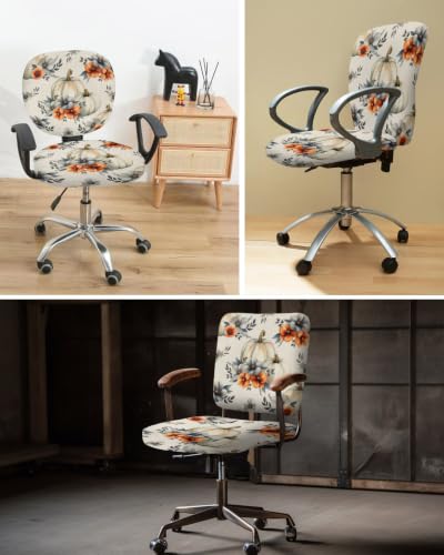 Savannan Office Chair Cover, Retro Pumpkin Flower Leaf on Linen Protective Stretch Elastic Universal Cover for Desk Task Chair,Computer Rotating Chair 1 Pcs Watercolor Fall Plant