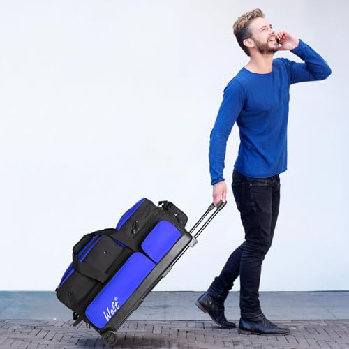 WOLT 3 Ball Bowling Bags with Wheels,Bowling Ball Bag 3 Ball Roller with Separate Shoe Compartment and Accessory Pocket, Retractable Handle Extends to 38’’ - color: blue