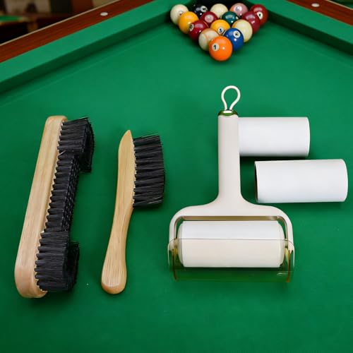Billiard Pool Table Brush Cleaning Kit, Pool Table Brush Accessories 3 Set. | Includes 9-In Nylon Bristle Brush, Rail Brush, Sticky Lint Roller. Soft Bristles, Wood Handle, Billiards&Snooker Accessories