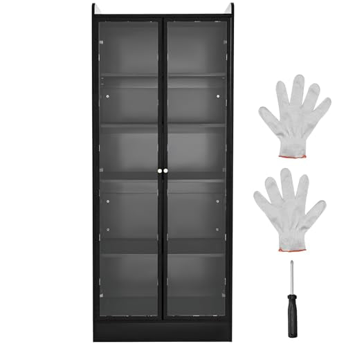VEVOR Display Cabinet with Doors, 67in Tall Display Case with 2 Adjustable Shelves, 3 LED Lights, 5-Tier Curio Collectibles Storage Cabinet, Bookshelf Bookcase for Pantry Bedroom Living Room Office - size: 67in