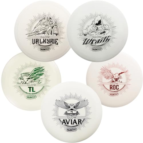 INNOVA Glow Disc Golf Starter Set – 140-180g – DX Putter, Mid-Range, & Drivers PDGA Approved Disc Golf Set - color: 5 DISC GLOW STARTER SET