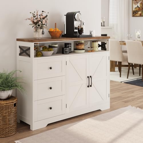 Befrases Farmhouse Buffet Cabinet with Drawers & Open Shelf, Sideboard with Storage, Kitchen Pantry Cabinet Hutch, Coffee Bar Station for Kitchen, Livingroom, 47" L White - color: Antique White