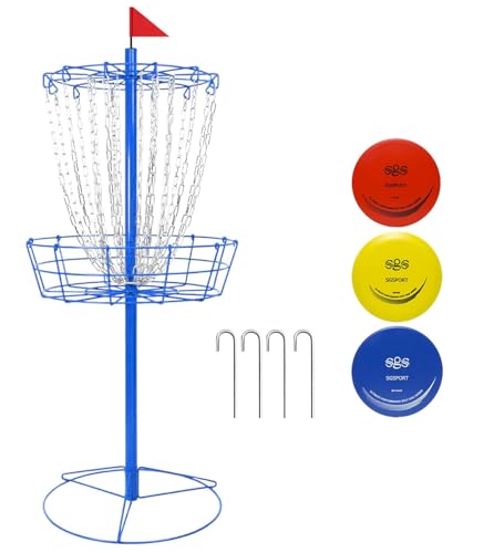 Disc Golf Basket - Portable Disc Golf Target with Heavy Duty 24-Chains Come with 6pcs Disc Golf Discs and Carry Bag, Ground Stake -Suitable for Players of All Levels - Multi Color Available - style: Basic-Blue - 3 PCS