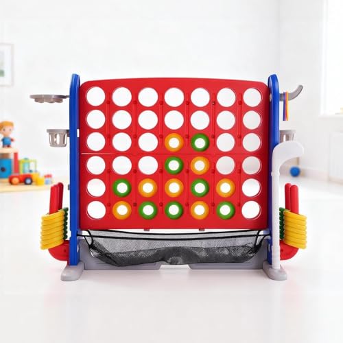 Patikuin 4-in-1 Giant 4-in-a-Row Yard Game, Jumbo Connect 4 with Basketball Hoop & Ring Toss, Adjustable Height, Indoor/Outdoor Party Game for Kids & Adults