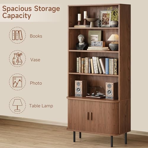 5-Tier Tall Bookshelf with Cabinet, 71" Fluted Bookcase with Sliding Door, Adjustable Display Shelf, Free Standing Cube Storage Organizer, Wood Shelving Unit for Living Room, Home Office, Walnut