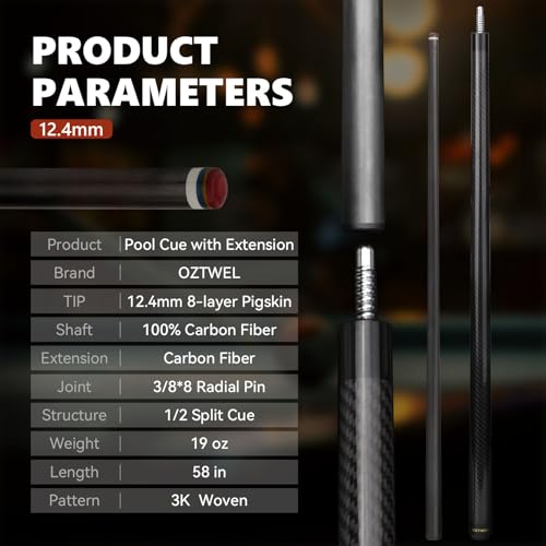 Carbon Fiber Pool Cue Stick, 12.4mm 8-Layer Tip Low Deflection Pool Cue Professional Pool Sticks for Adults with Pro Taper Cue Shaft 3/8 x 8 Joint Pin - color: Black with Extension