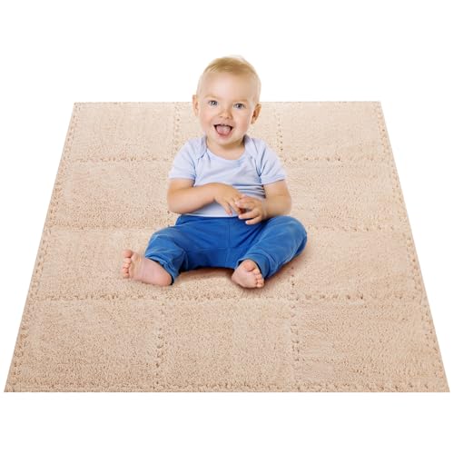 12 pcs Thickened Plush Foam Interlocking Floor Mat, Interlocking Foam Tiles with Edgings for Kids, Soft Anti-Slip Puzzle Area Square Rug Playmat for Children Room Bedroom(11.8", Light Brown) - color: Light Brown