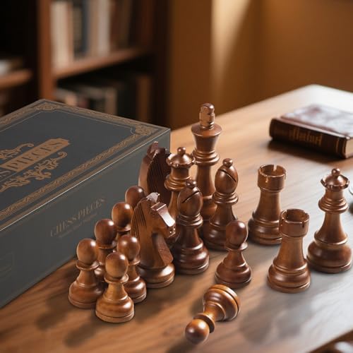 BIVOMON Wooden Chess Pieces Only-Heavy Weighted Tournament Chessmen with 2 Extra Queens-King Height 3.8 inch-Replacement of Missing Pieces-Exquisite Packaging