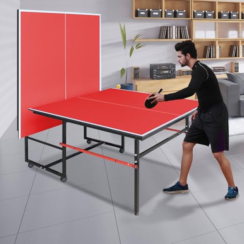 8FT Outdoor Ping Pong Table, Foldable & Portable Table Tennis Set with Net, 2 Paddles & 3 Balls, Game Table with Single Player Playback Mode - color: Red