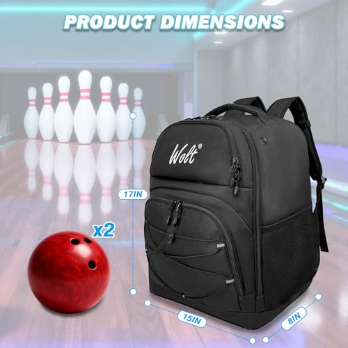 WOLT Bowling Ball Bag,2 Ball Bowling Backpack with Protective Foam Padded & Shoe Compartment Fits Up to Mens Size 16 - color: Black
