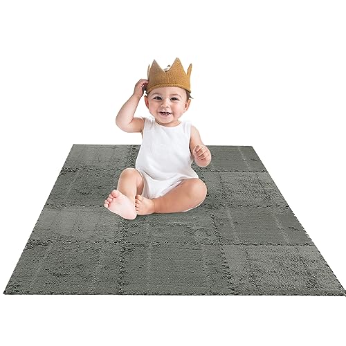 12 pcs Thickened Plush Foam Interlocking Floor Mat, Interlocking Foam Tiles with Edgings for Kids, Soft Anti-Slip Puzzle Area Square Rug Playmat for Children Room Bedroom(11.8", Gray) - color: Grey