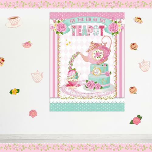 Faccito Tea Party Games Pin The Lid on The Teapot with 24 Lid Stickers Pink Blindfold Floral Poster Pin Games Set Birthday Decorations for Women Let's Par Tea Birthday Party Activity Supplies - style: Tea
