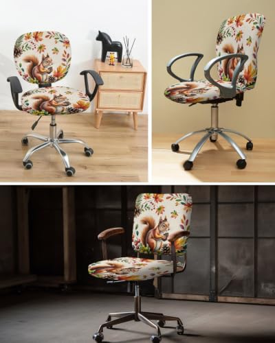 Savannan Office Chair Cover, Thanksgiving Squirrel Pinecone Protective Stretch Elastic Universal Cover for Desk Task Chair,Computer Rotating Chair 1 Pcs Fall Maple Leaf Berry on Linen