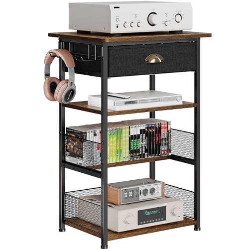 Hongtamoya 4-Tier AV Media Stand with Drawer, Video Game Console Shelf with 2 Hooks, Audio Rack Tower Perfect for/Xbox/ PS5/Switch/Game Consoles/DVD/Record Player/Projector/Sky Box/TV Accessories