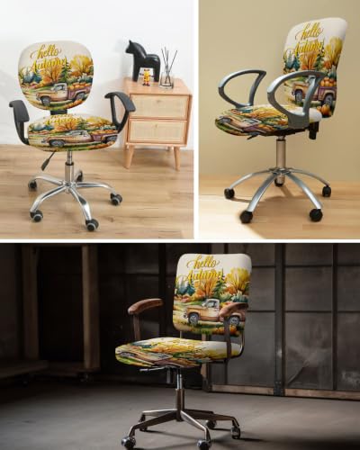 Savannan Office Chair Cover, Vintage Farm Truck Pumpkins Protective Stretch Elastic Universal Cover for Desk Task Chair,Computer Rotating Chair 1 Pcs Hello Autumn on Linen