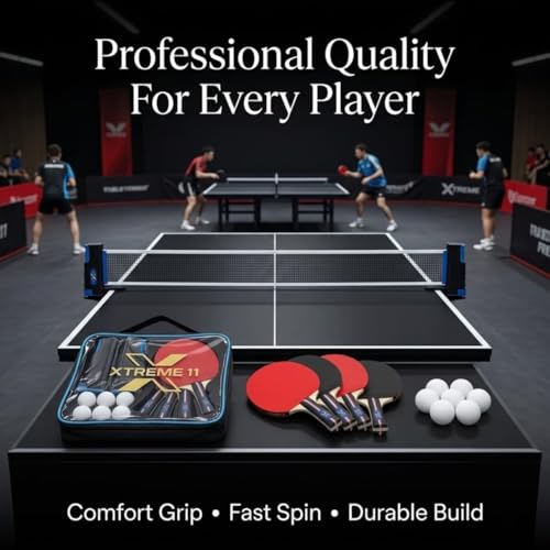 Pro Table Tennis Set, Retractable Net, Balls and Carry Case for Home, Office, Travel, Recreational, Professional Play - 4 Advanced Grade Paddles ITTF Certified Rubber & 6 Tennis Balls | ITTF Certified Rubber on the Paddle