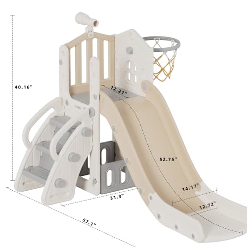 YUFU 5 in 1 Toddler Slide, Kids Slide with Climber, Basketball Hoop and Ball, Outdoor Indoor Playset for Toddlers Age 1-3 (Beige+Coffee) - color: Beige+coffee