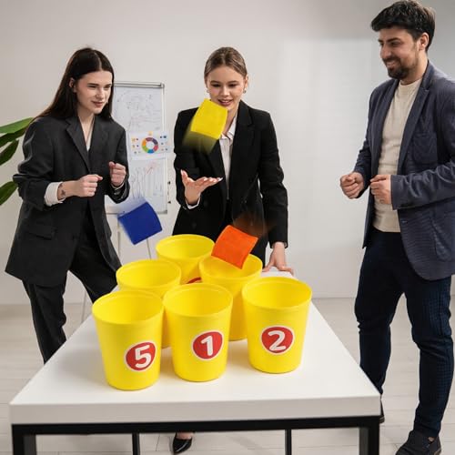 15 Pcs Bean Bag Toss Buckets Games Knockdown Can Throwing Game Sets, 6 Buckets 3 Bean Bag Number 1-6 Stickers for Outdoor, Family Gatherings, Birthdays, Indoor and Outdoor Activities