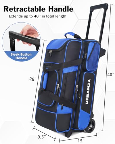 3 Ball Bowling Bags with Wheels & Shoe Pocket, Premium Bowling Ball Bag 3 Ball Roller, Effortless-Rolling 3 Ball Bowling Bag w/Multi-Storage Pockets & Telescopic Handle Extends to 40'' - color: Blue