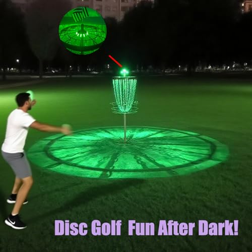 Portable Disc Golf Basket with 24 Chains and LED Sensor Lights for Night Practice - Stable Pole Base/12 Light Guide Strips