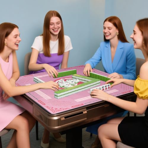 Mahjong Mat with Rules for Table, American Mahjong Table Mats Multi Purpose Anti Slip Noise Reduction Game Table Cover for Poker Card Dominoes Board Tile Games (Pink)