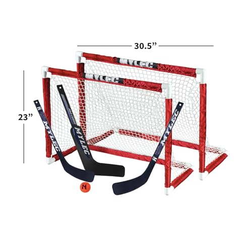Mylec MINI Hockey Set, 2 x MINI PVC Hockey Goals (30.5" x 23"), 2 x Plastic MINI Player Sticks (Left and Right), 1 x Goalie Stick, 1xHockey Foam Ball
