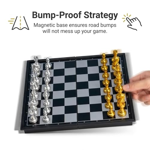 Magnetic Travel Chess Set Game with Folding Board Portable and Storage Compartment – Great Travel Toy Set by Big Mo’s Toys 9.7"