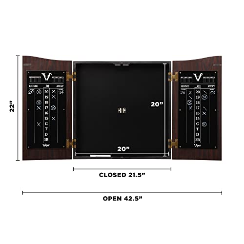 Viper Vault Cabinet & Shot King Sisal/Bristle Dartboard Ready-to-Play Bundle with Two Sets of Steel-Tip Darts, Throw Line, and Dry Erase Scoreboards, Walnut Finish - style: Elite Set