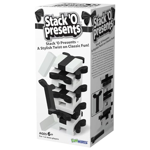 Funwares Wooden Blocks Stacking Game, Tumbling Tower and Balance Game, Family & Party Fun, Game for Kids and Adults, Ages 6+, Stack 'O Lantern, Fancy Wrapped Present-Themed Wood Blocks Stacking Game